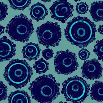 Geometric seamless pattern,texture with perfectly contacting nested circles with different size colors.Repeating pattern with circles filled with dots.For textile,wrapping paper,banner.Blue on azure.