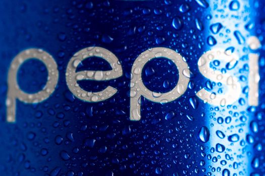 Detail of classic Pepsi can on black background. Studio shot in Bucharest, Romania, 2021