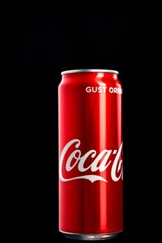 Editorial photo of classic Coca-Cola can on black background. Studio shot in Bucharest, Romania, 2021
