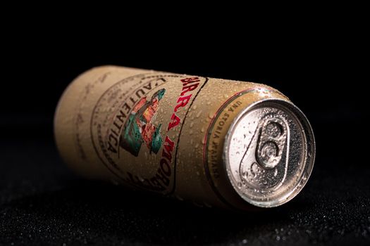 Birra Moretti, a premium lager beer with water droplets on black background. Studio photo shoot in Bucharest, Romania, 2021