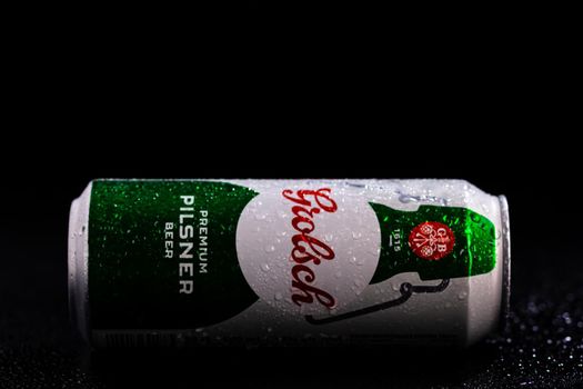 Water droplets on Grolsch Premium Pilsner - Grolsch Premium Lager beer can. Studio photo shoot in Bucharest, Romania, 2021