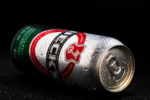 Condensation water droplets on Beck`s beer can isolated on black. Bucharest, Romania, 2020