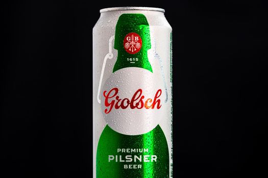 Water droplets on Grolsch Premium Pilsner - Grolsch Premium Lager beer can. Studio photo shoot in Bucharest, Romania, 2021