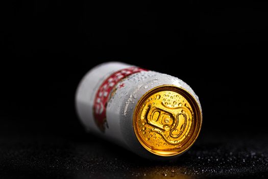 Condensation water droplets on Stella Artois beer can isolated on black. Bucharest, Romania, 2020