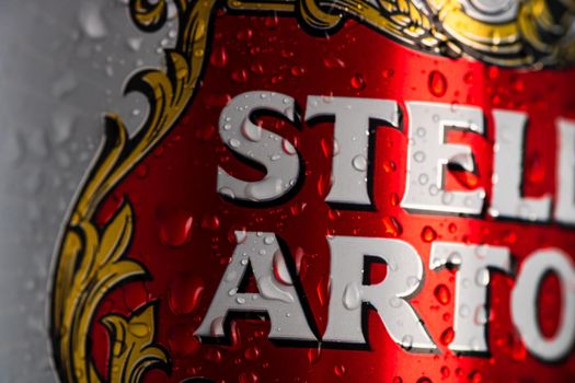 Condensation water droplets on Stella Artois beer can isolated on black. Bucharest, Romania, 2020