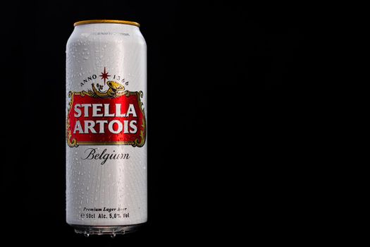 Condensation water droplets on Stella Artois beer can isolated on black. Bucharest, Romania, 2020