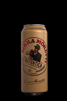 Birra Moretti, a premium lager beer produced by Italian brewing company now owned by Heineken International. Studio photo shoot in Bucharest, Romania, 2021