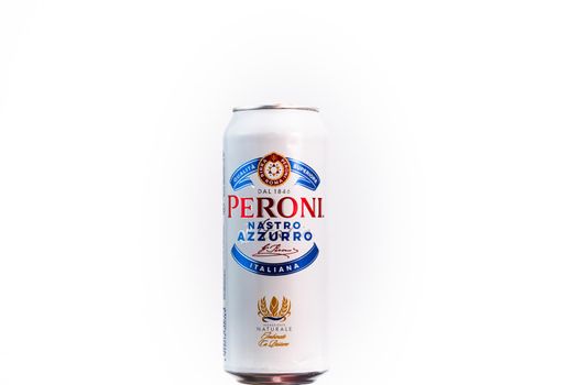 Peroni Nastro Azzurro, a premium lager beer produced since 1963 by Peroni Brewery located in Rome, Italy. Studio photo shoot in Bucharest, Romania, 2020