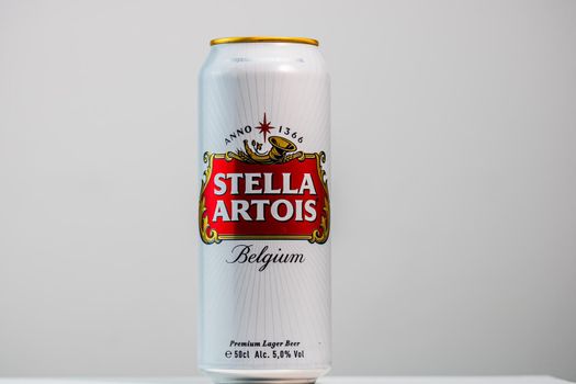 Great Belgium beer - Stella Artois. Belgium Premium Lager beer can. Studio photo shoot in Bucharest, Romania, 2020