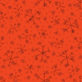 Seamless Christmas pattern doodle with hand random drawn snowflakes.Wrapping paper for presents, funny textile fabric print, design, decor, food wrap, backgrounds. new year.Raster copy.Coral, black