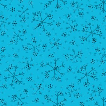 Seamless Christmas pattern doodle with hand random drawn snowflakes.Wrapping paper for presents, funny textile fabric print, design, decor, food wrap, backgrounds. new year.Raster copy.Sky blue, black