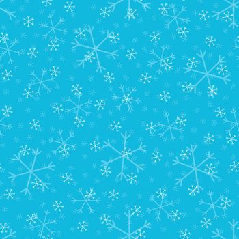 Seamless Christmas pattern doodle with hand random drawn snowflakes.Wrapping paper for presents, funny textile fabric print, design, decor, food wrap, backgrounds. new year.Raster copy.Sky blue, white