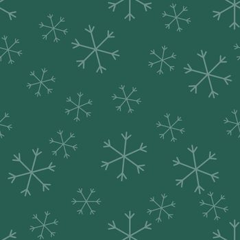 Seamless Christmas pattern doodle with hand random drawn snowflakes.Wrapping paper for presents, funny textile fabric print, design, decor, food wrap, backgrounds. new year.Raster copy.Green, gray