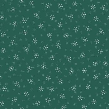 Seamless Christmas pattern doodle with hand random drawn snowflakes.Wrapping paper for presents, funny textile fabric print, design, decor, food wrap, backgrounds. new year.Raster copy.Green, white