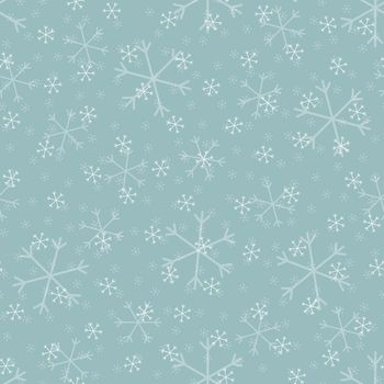 Seamless Christmas pattern doodle with hand random drawn snowflakes.Wrapping paper for presents, funny textile fabric print, design, decor, food wrap, backgrounds. new year.Raster copy.Sky gray, white