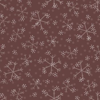 Seamless Christmas pattern doodle with hand random drawn snowflakes.Wrapping paper for presents, funny textile fabric print, design,decor,food wrap,backgrounds. new year.Raster copy.Coffee color white