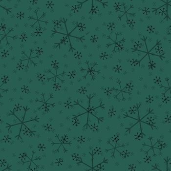 Seamless Christmas pattern doodle with hand random drawn snowflakes.Wrapping paper for presents, funny textile fabric print, design, decor, food wrap, backgrounds. new year.Raster copy.Green, black