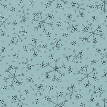 Seamless Christmas pattern doodle with hand random drawn snowflakes.Wrapping paper for presents, funny textile fabric print, design, decor, food wrap, backgrounds. new year.Raster copy.Sky gray, black