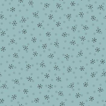Seamless Christmas pattern doodle with hand random drawn snowflakes.Wrapping paper for presents, funny textile fabric print, design, decor, food wrap, backgrounds. new year.Raster copy.Sky gray, black