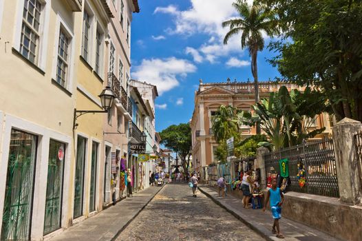 Salvador de Bahia, Pelourinho view with colorful buildings, Brazil, South America