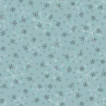 Seamless Christmas pattern doodle with hand random drawn snowflakes.Wrapping paper for presents, funny textile fabric print, design, decor, food wrap, backgrounds. new year.Raster copy.Sky gray, black