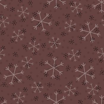 Seamless Christmas pattern doodle with hand random drawn snowflakes.Wrapping paper for presents,funny textile fabric print, design,decor,food wrap, backgrounds. new year.Raster copy.Coffee color lilac
