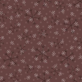 Seamless Christmas pattern doodle with hand random drawn snowflakes.Wrapping paper for presents, funny textile fabric print, design,decor,food wrap,backgrounds. new year.Raster copy.Coffee color white