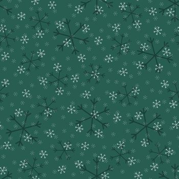 Seamless Christmas pattern doodle with hand random drawn snowflakes.Wrapping paper for presents, funny textile fabric print, design, decor, food wrap, backgrounds. new year.Raster copy.Green, white