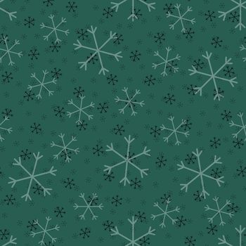 Seamless Christmas pattern doodle with hand random drawn snowflakes.Wrapping paper for presents, funny textile fabric print, design, decor, food wrap, backgrounds. new year.Raster copy.Green, gray