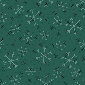 Seamless Christmas pattern doodle with hand random drawn snowflakes.Wrapping paper for presents, funny textile fabric print, design, decor, food wrap, backgrounds. new year.Raster copy.Green, gray