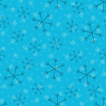 Seamless Christmas pattern doodle with hand random drawn snowflakes.Wrapping paper for presents, funny textile fabric print, design, decor, food wrap, backgrounds. new year.Raster copy.Sky blue, black
