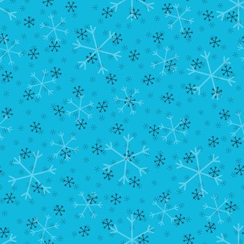 Seamless Christmas pattern doodle with hand random drawn snowflakes.Wrapping paper for presents, funny textile fabric print, design, decor, food wrap, backgrounds. new year.Raster copy.Sky blue, black