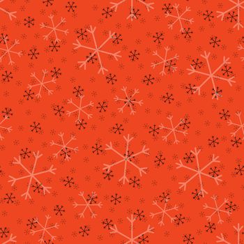 Seamless Christmas pattern doodle with hand random drawn snowflakes.Wrapping paper for presents, funny textile fabric print, design, decor, food wrap, backgrounds. new year.Raster copy.Coral