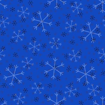 Seamless Christmas pattern doodle with hand random drawn snowflakes.Wrapping paper for presents, funny textile fabric print, design, decor, food wrap, backgrounds. new year.Raster copy.Cyan black