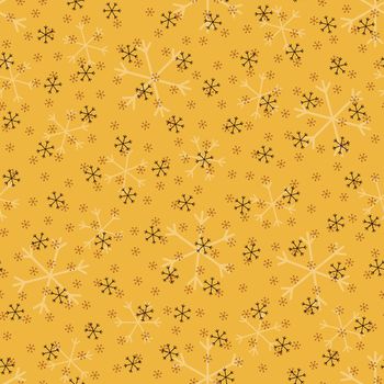 Seamless Christmas pattern doodle with hand random drawn snowflakes.Wrapping paper for presents, funny textile fabric print, design, decor, food wrap, backgrounds. new year.Raster copy.Mustard black