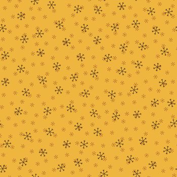 Seamless Christmas pattern doodle with hand random drawn snowflakes.Wrapping paper for presents, funny textile fabric print, design, decor, food wrap, backgrounds. new year.Raster copy.Mustard black