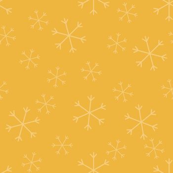 Seamless Christmas pattern doodle with hand random drawn snowflakes.Wrapping paper for presents, funny textile fabric print, design, decor, food wrap, backgrounds. new year.Raster copy.Mustard pink