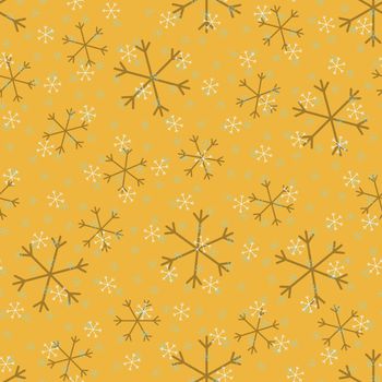 Seamless Christmas pattern doodle with hand random drawn snowflakes.Wrapping paper for presents, funny textile fabric print, design, decor, food wrap, backgrounds. new year.Raster copy.Mustard white