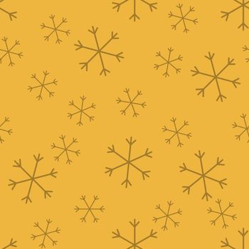 Seamless Christmas pattern doodle with hand random drawn snowflakes.Wrapping paper for presents, funny textile fabric print, design, decor, food wrap, backgrounds. new year.Raster copy.Mustard gray