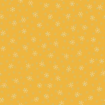 Seamless Christmas pattern doodle with hand random drawn snowflakes.Wrapping paper for presents, funny textile fabric print, design, decor, food wrap, backgrounds. new year.Raster copy.Mustard white