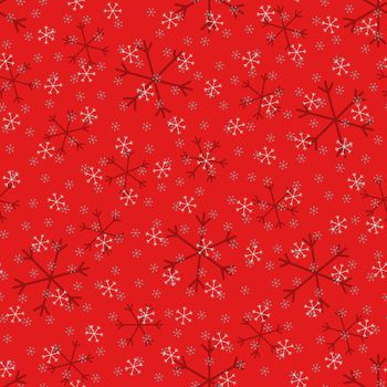 Seamless Christmas pattern doodle with hand random drawn snowflakes.Wrapping paper for presents, funny textile fabric print, design, decor, food wrap, backgrounds. new year.Raster copy.Red white