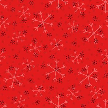 Seamless Christmas pattern doodle with hand random drawn snowflakes.Wrapping paper for presents, funny textile fabric print, design, decor, food wrap, backgrounds. new year.Raster copy.Red black