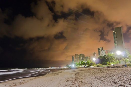 Recife, Beach and modern city view by night, Brazil, South America