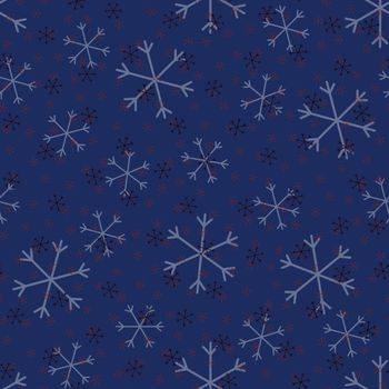 Seamless Christmas pattern doodle with hand random drawn snowflakes.Wrapping paper for presents, funny textile fabric print, design, decor, food wrap, backgrounds. new year.Raster copy.Blue black