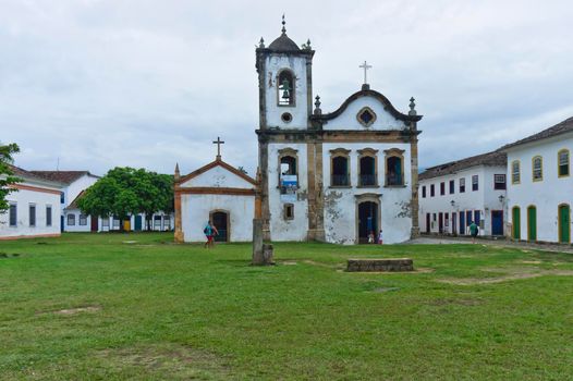 Paraty, Old city street view with a Colonial church, Brazil, South America