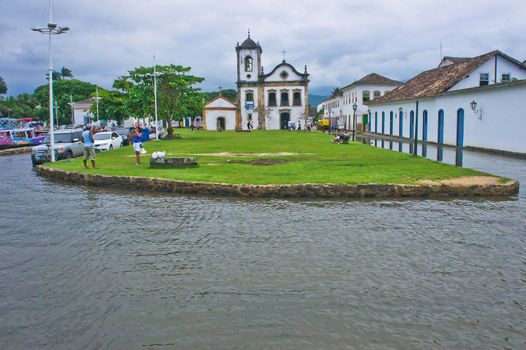 Paraty, Old city street view with a Colonial church, Brazil, South America