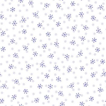 Seamless Christmas pattern doodle with hand random drawn snowflakes.Wrapping paper for presents, funny textile fabric print, design, decor, food wrap, backgrounds. new year.Raster copy.White blue