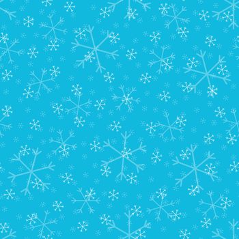 Seamless Christmas pattern doodle with hand random drawn snowflakes.Wrapping paper for presents, funny textile fabric print, design, decor, food wrap, backgrounds. new year.Raster copy.Sky blue, white