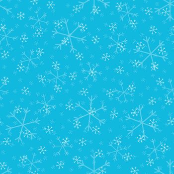 Seamless Christmas pattern doodle with hand random drawn snowflakes.Wrapping paper for presents, funny textile fabric print, design, decor, food wrap, backgrounds. new year.Raster copy.Sky blue, white