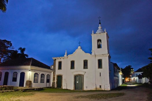 Paraty, Old city street view with a Colonial church, Brazil, South America